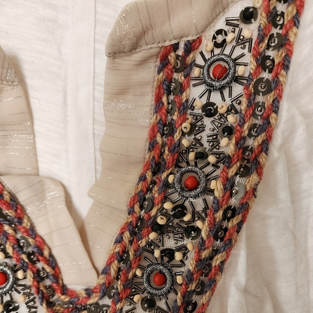 Anthropologie Embellished Bohemian Top with Red Accents
